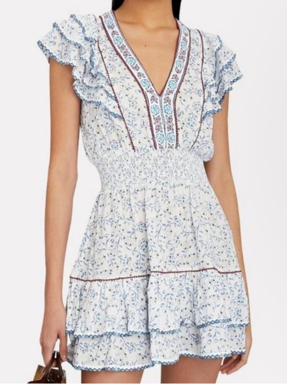 Poupette St Barth Camila V-Neck Ruffled Printed Gauze Mini Dress